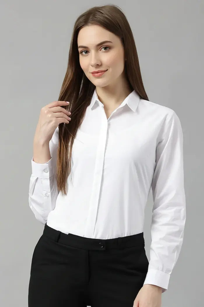 Women’s White Cotton Solid Slim Fit Shirt with Concealed Placket