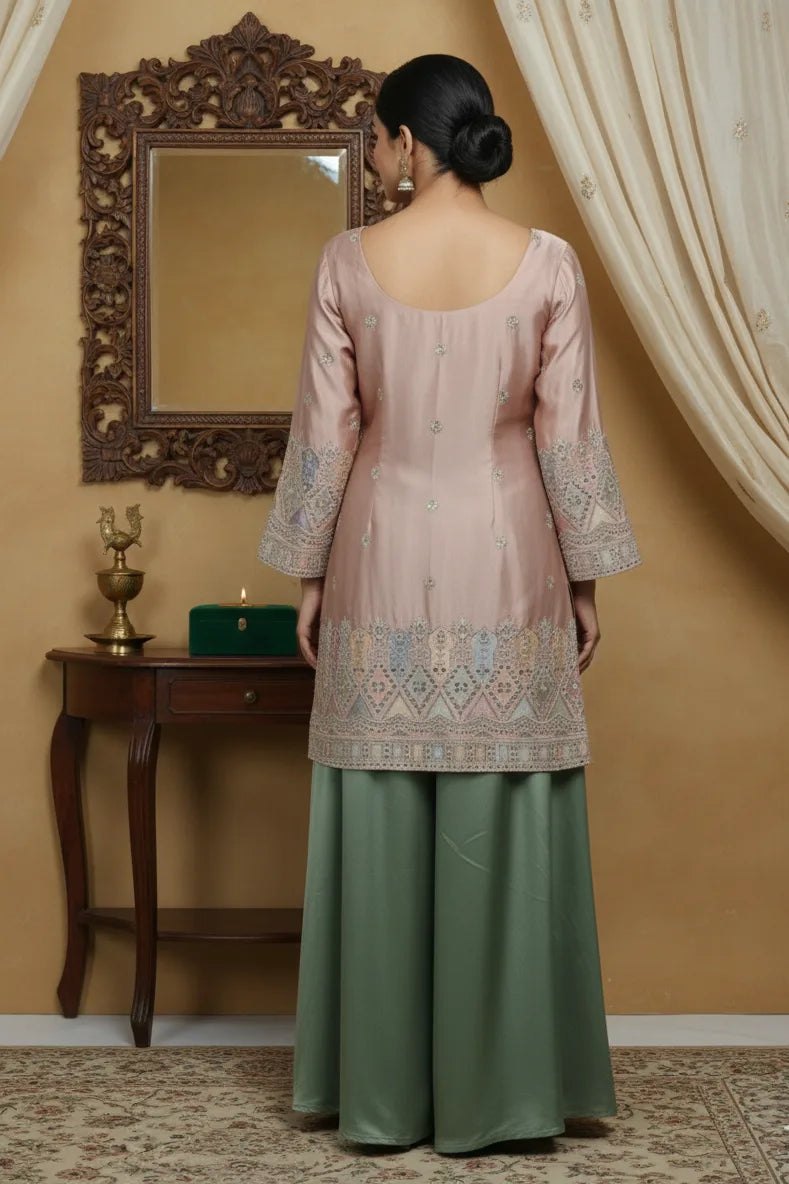 Elegant women silk kurta palazzo set designed as premium ethnic wear, featuring stylish kurtis for women with a comfortable salwar suit for women look. This graceful ethnic dress blends the charm of ethnic dresses for women, inspired by lehengas for women, styled as a kurti pant set with dupatta, perfect for festive and party occasions.