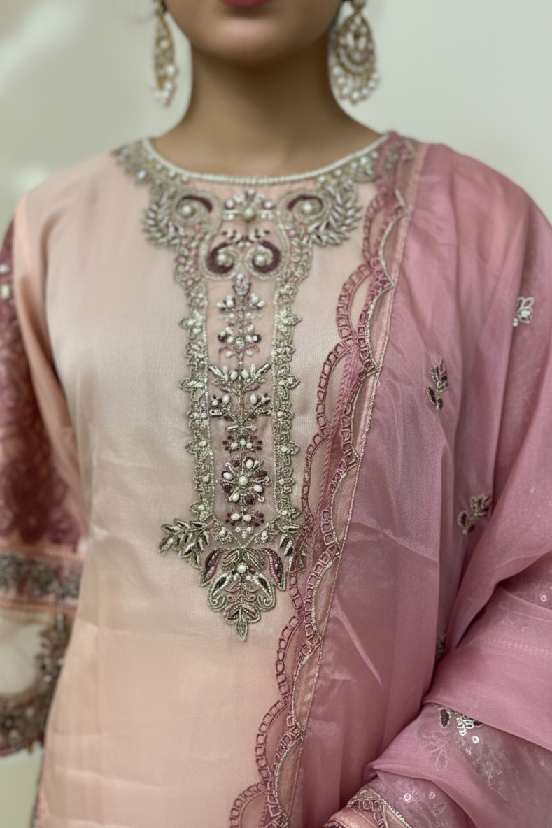 Women's Embroidered Organza Suit Set – Blush Pink | Round Neck | 3/4 Sleeves | Dupatta & Palazzo | Festive Ethnic Wear