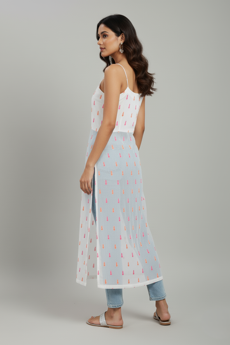 White Sleeveless Nyra Cut Long Kurti with Spaghetti Straps