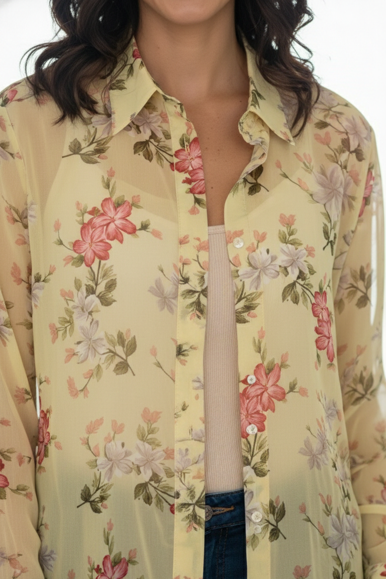 Women’s Yellow Georgette Korean Fit Floral Shirt