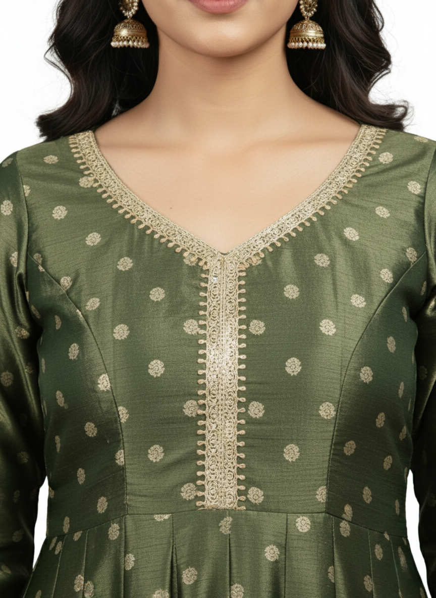 Green Silk Blend Anarkali Gown for Women – Lace Detailing