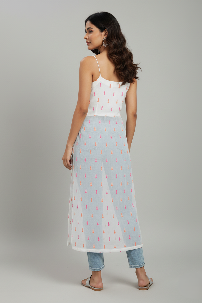 White Sleeveless Nyra Cut Long Kurti with Spaghetti Straps