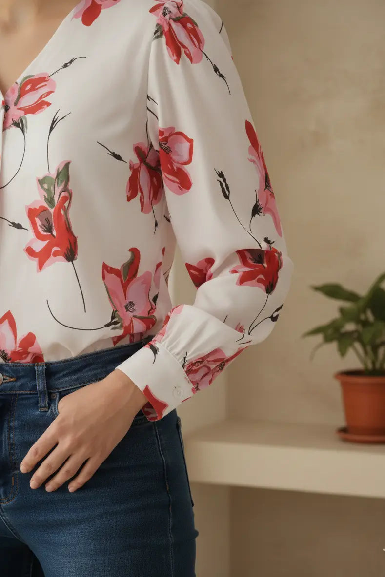 Women White Pink Floral Printed Casual Shirt