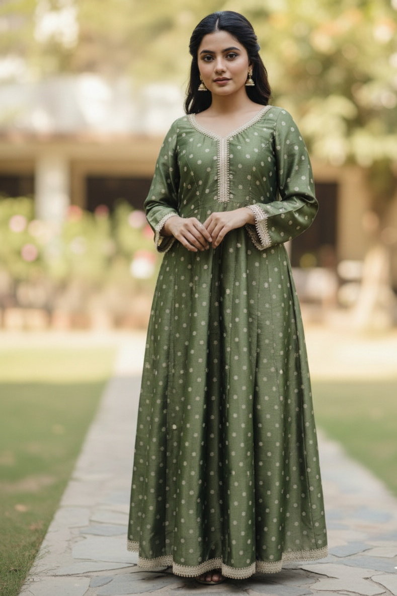 Green Silk Blend Anarkali Gown for Women – Lace Detailing