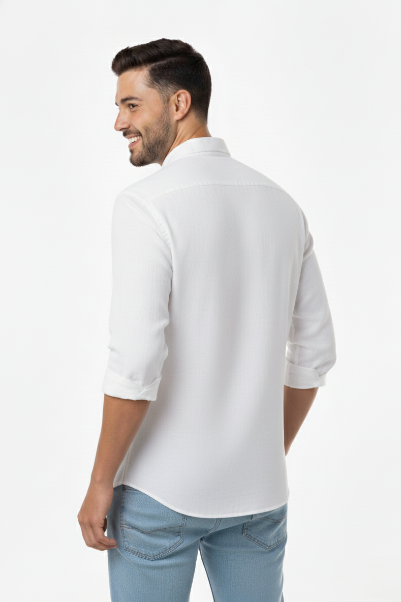 Men's White Linen Spread Collar Shirt