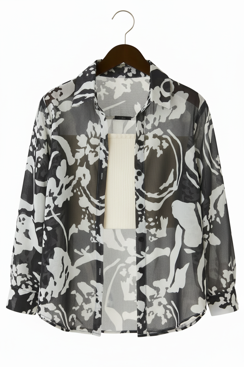 Black White Floral Georgette Normal Fit Shirt
