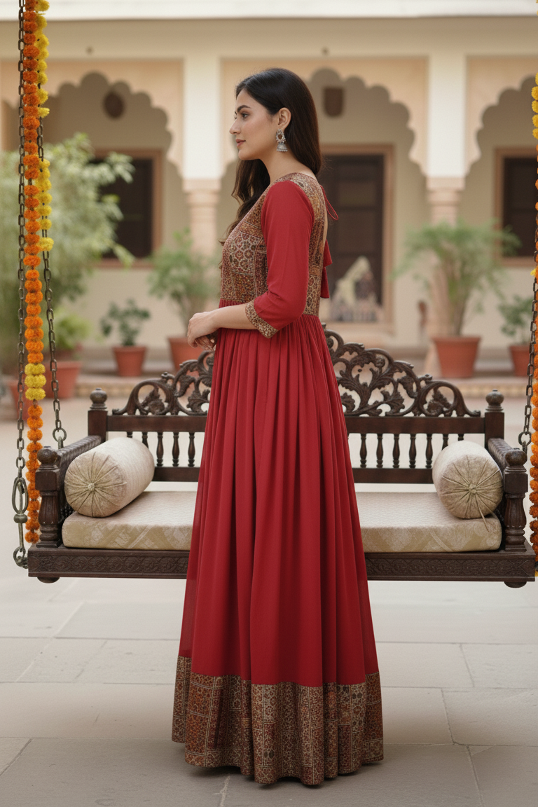 Red brown  Anarkali Gown for Women with duppta  | Party Wear | Festive Wear | Wedding & Traditional Events