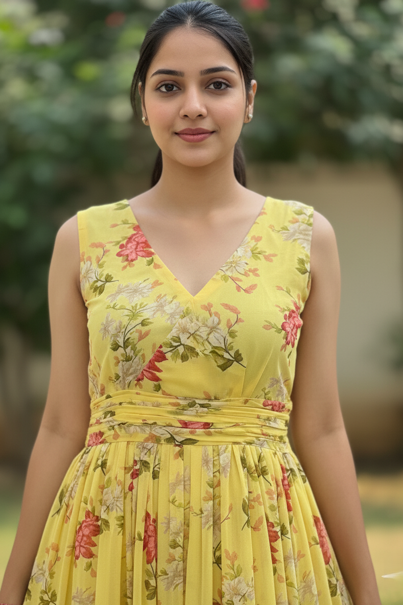 Yellow Floral Printed Midi Dress for Women