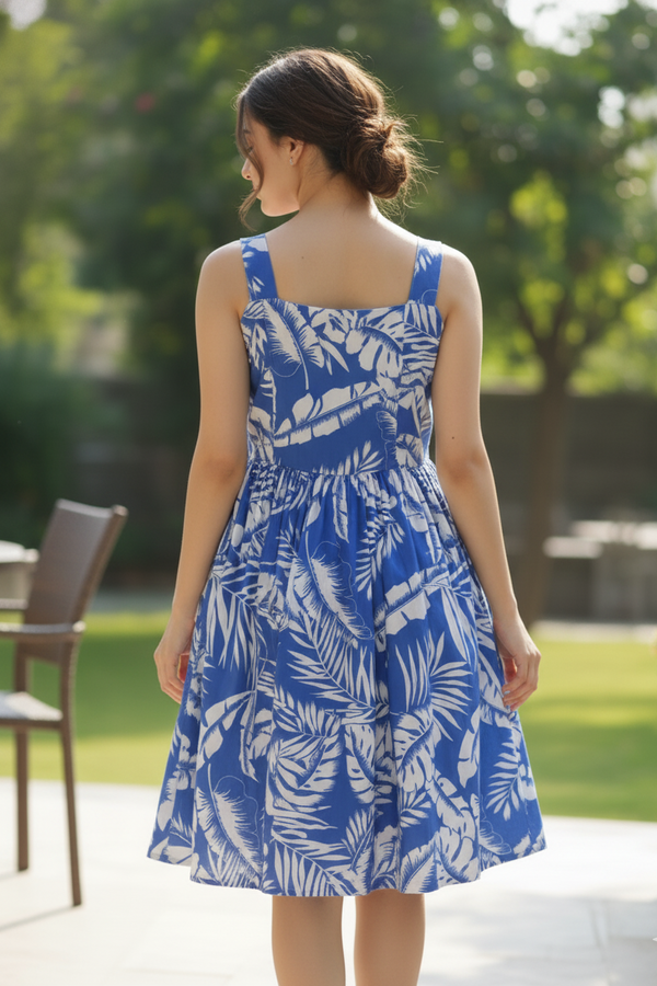 Blue Floral Printed Midi Dress for Women