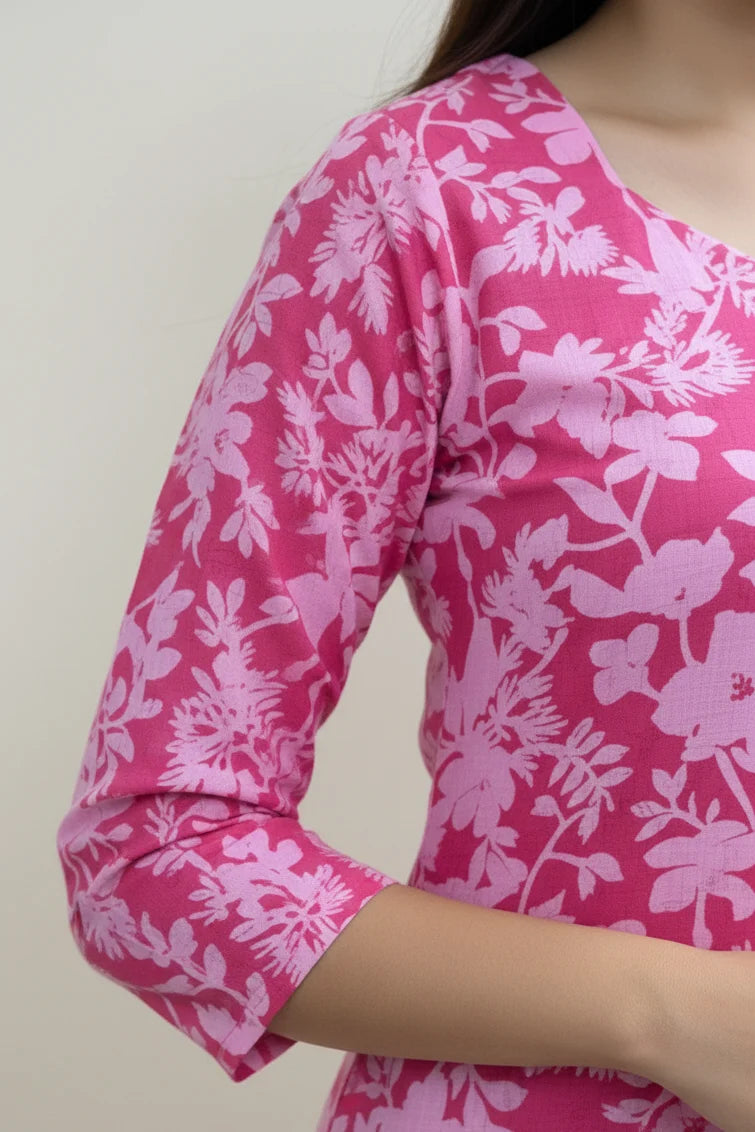 Pink Floral Cotton Short Kurti
