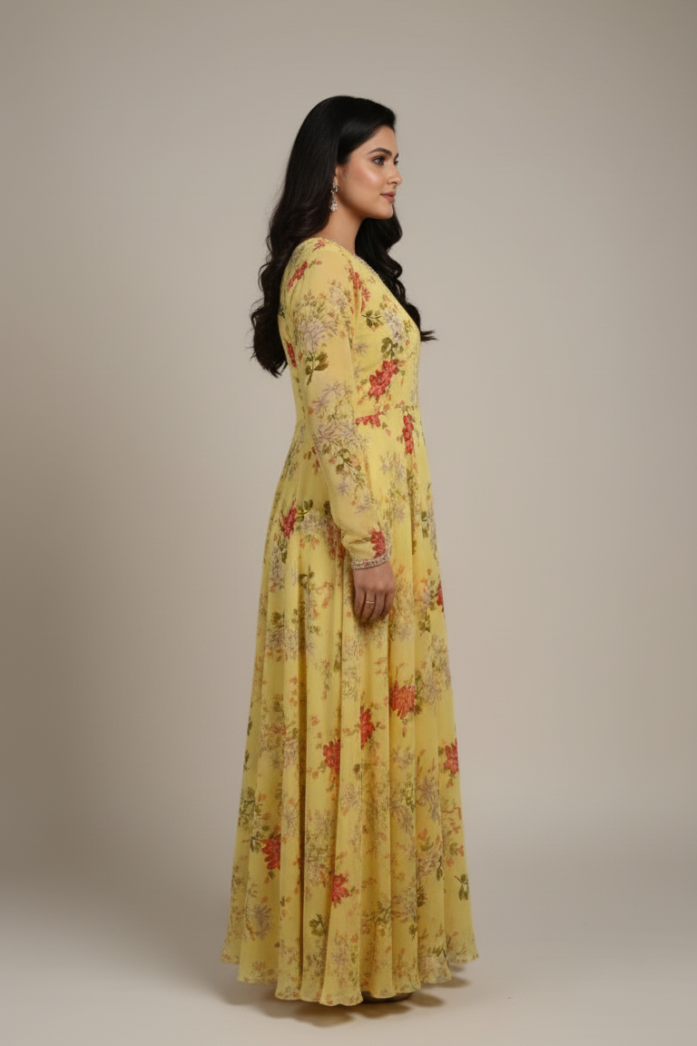 Full Sleeves Yellow Floral Georgette Gown | Party & Haldi Wear