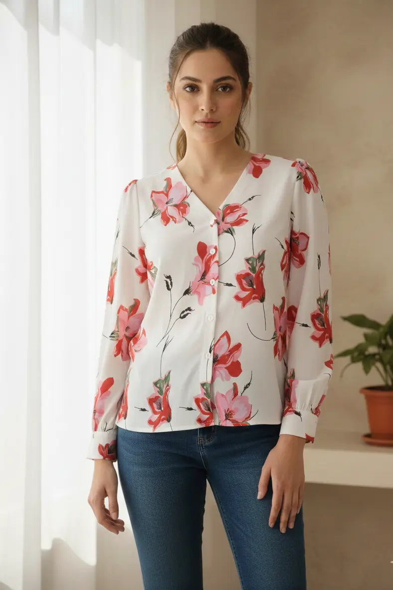 Women White Pink Floral Printed Casual Shirt