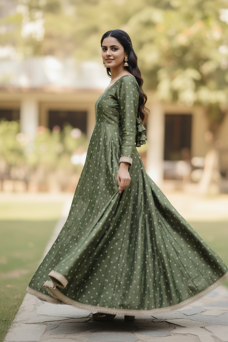 Green Silk Blend Anarkali Gown for Women – Lace Detailing