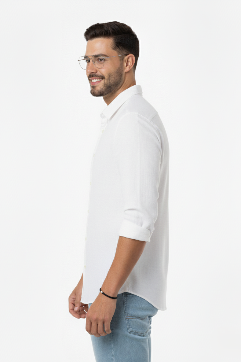 Men's White Linen Spread Collar Shirt