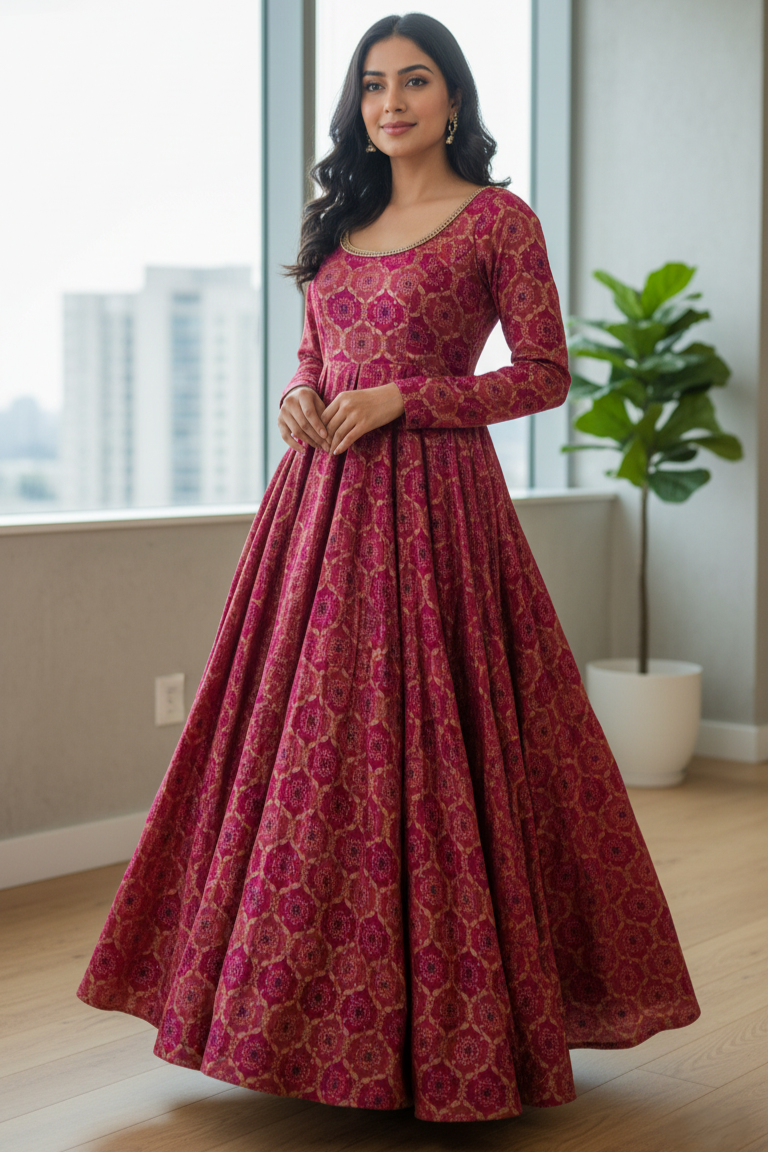 Women's Sleeveless Pink Floral Anarkali Long Gown Dress