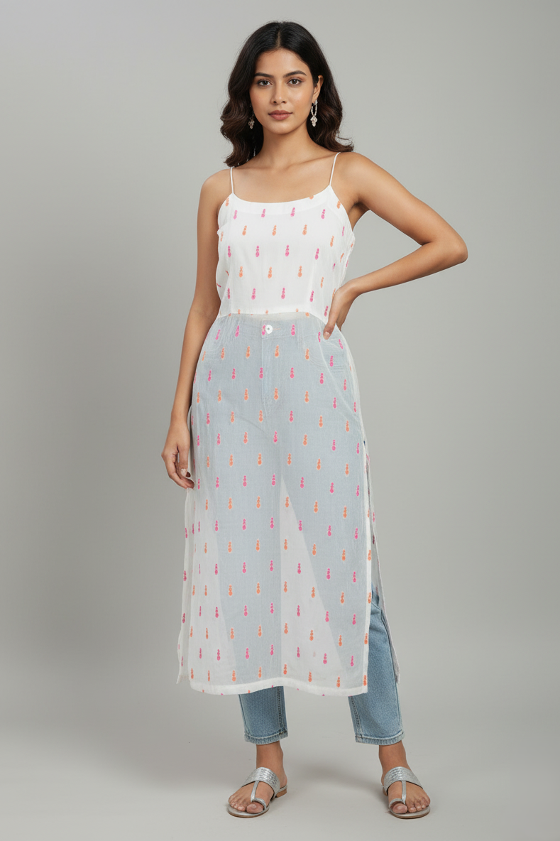 White Sleeveless Nyra Cut Long Kurti with Spaghetti Straps