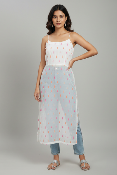 White Sleeveless Nyra Cut Long Kurti with Spaghetti Straps