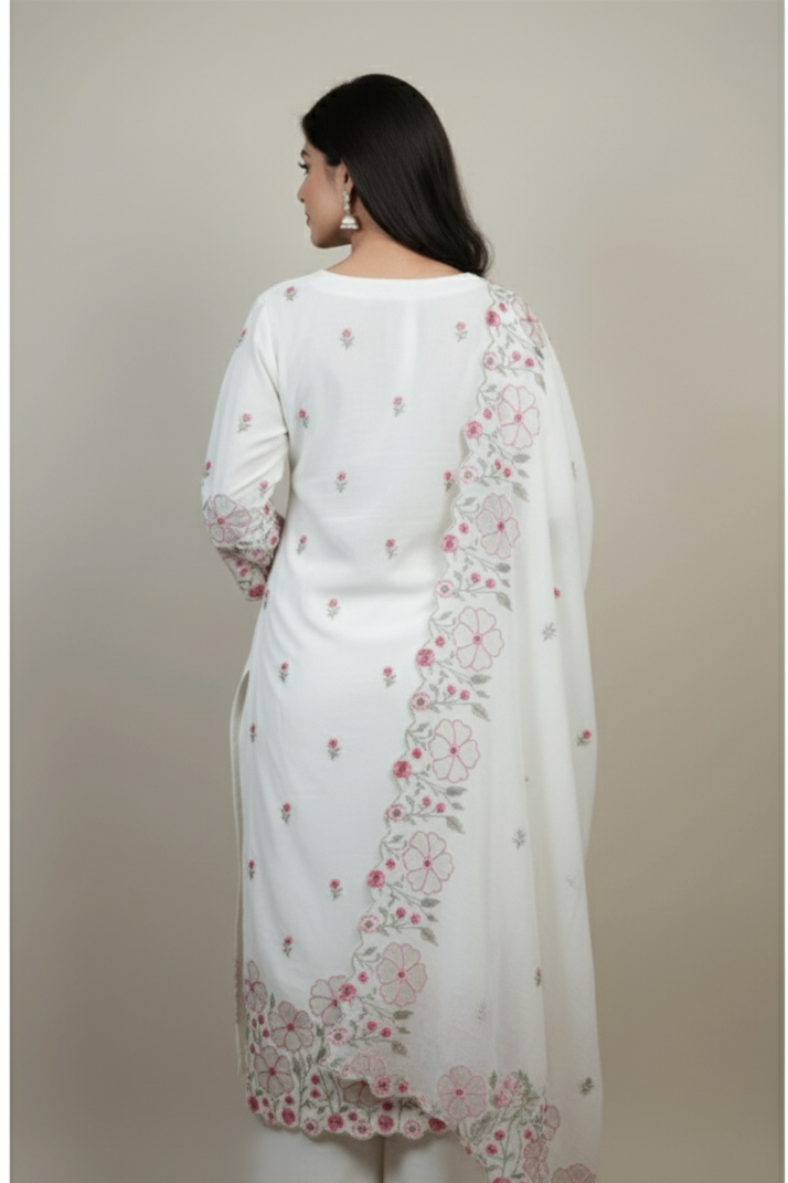 White Embroidered round neck Suit With Trouser & Dupatta