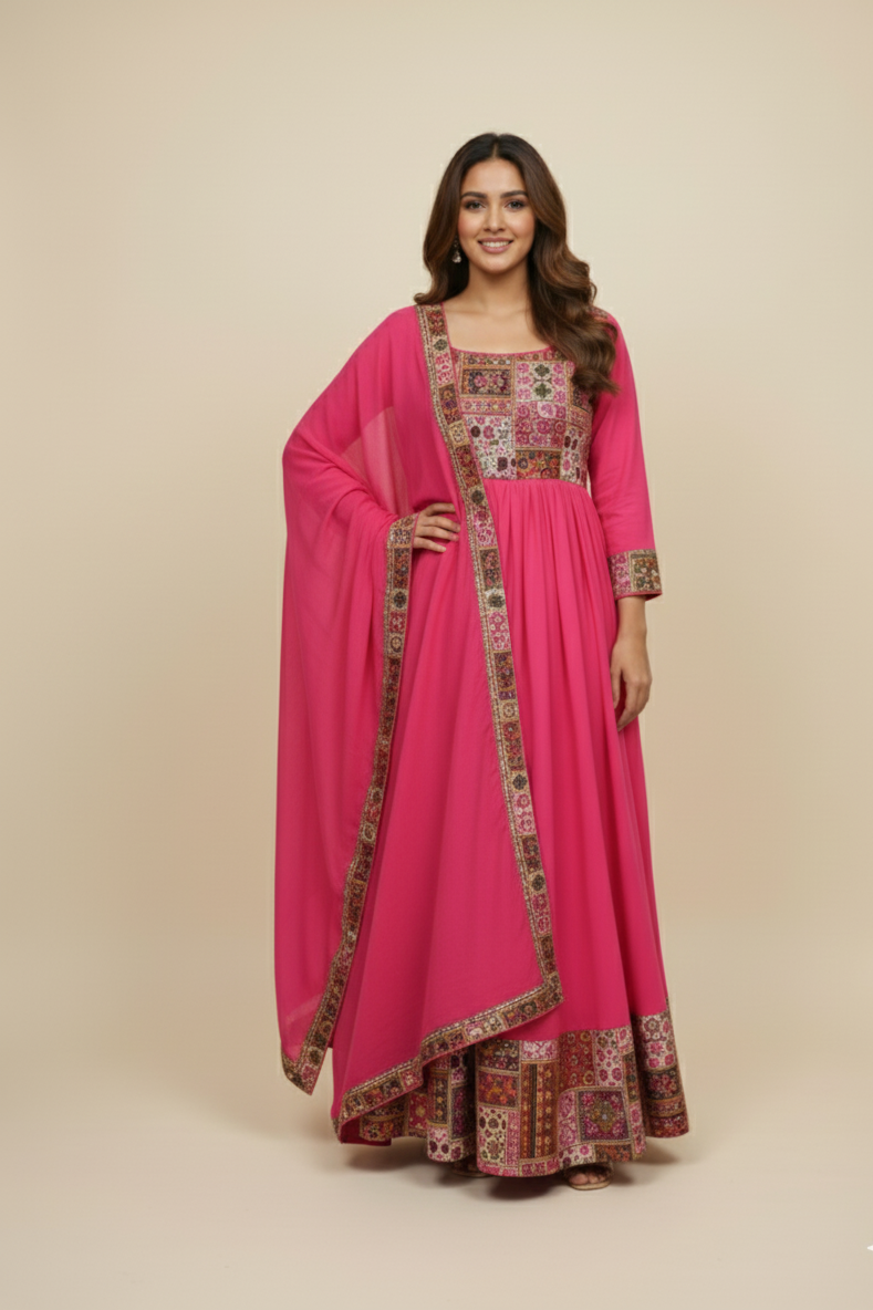 Women's Pink  Anarkali Gown with Border Detailing  Design | Festive Wear | Wedding Wear | Party Wear