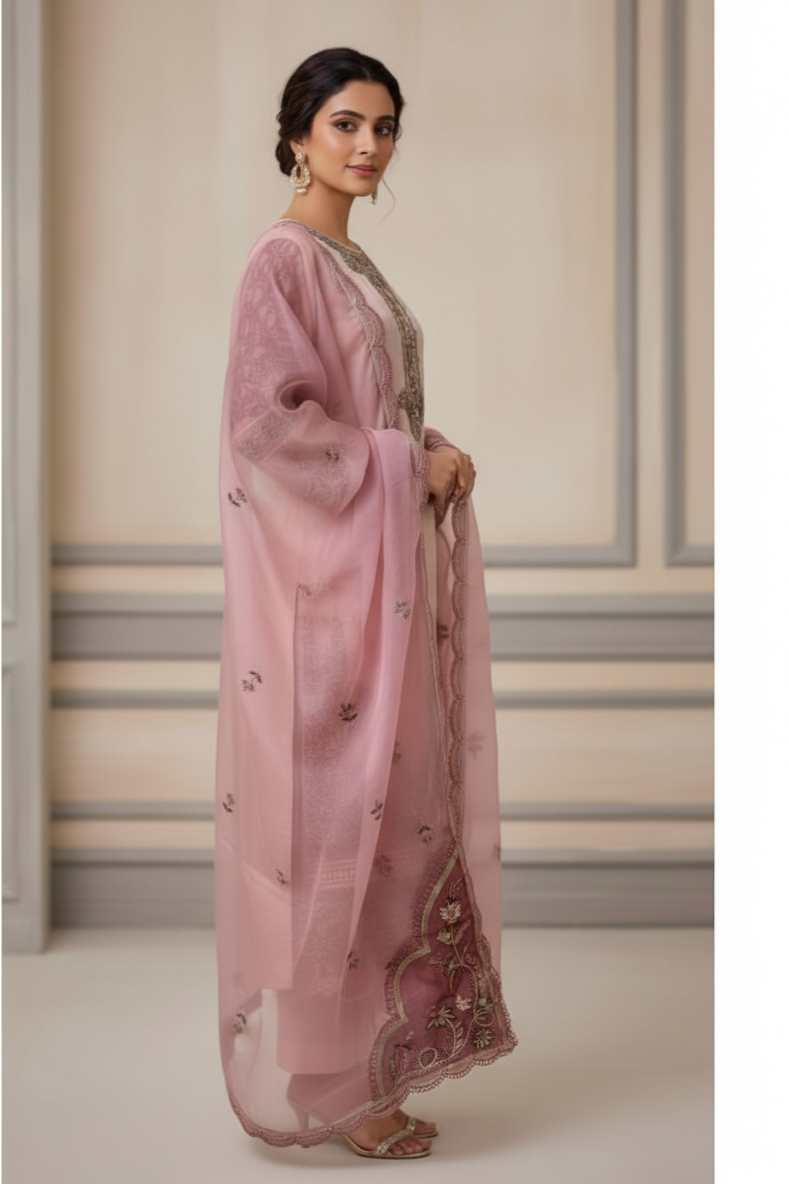 Women's Embroidered Organza Suit Set – Blush Pink | Round Neck | 3/4 Sleeves | Dupatta & Palazzo | Festive Ethnic Wear