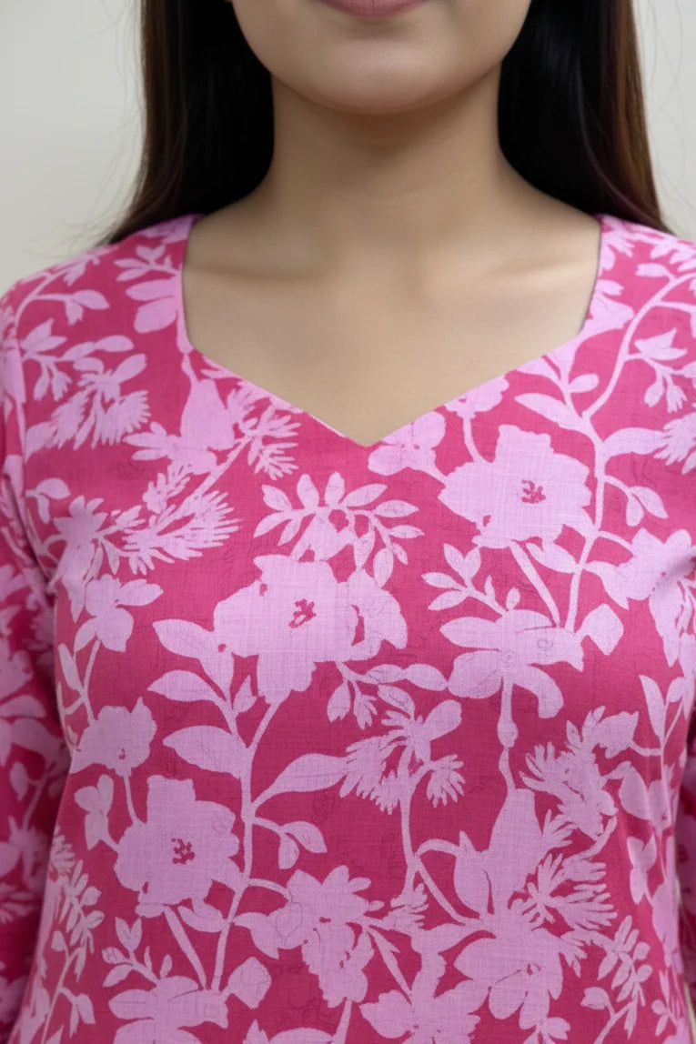Pink Floral Cotton Short Kurti