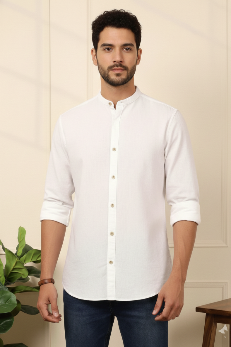 White Cotton Mandarin Collar Shirt for Men