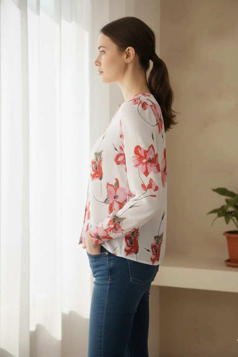 Women White Pink Floral Printed Casual Shirt