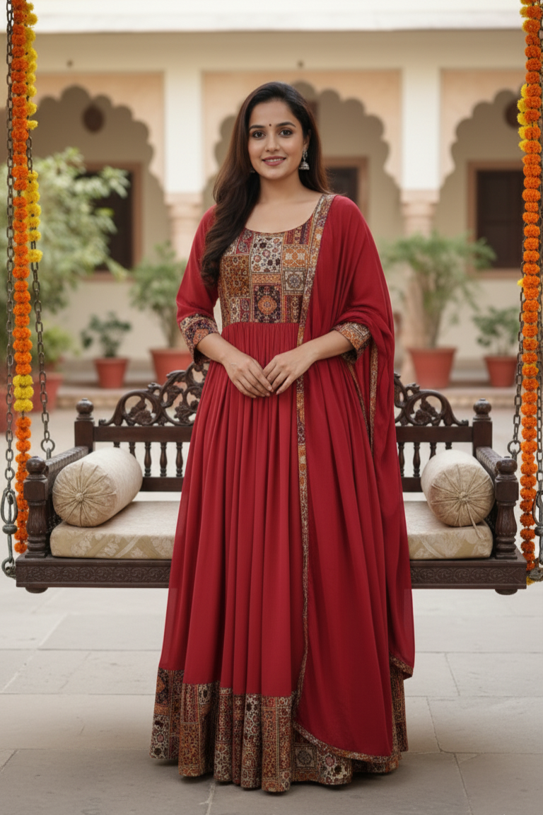 Red brown  Anarkali Gown for Women with duppta  | Party Wear | Festive Wear | Wedding & Traditional Events