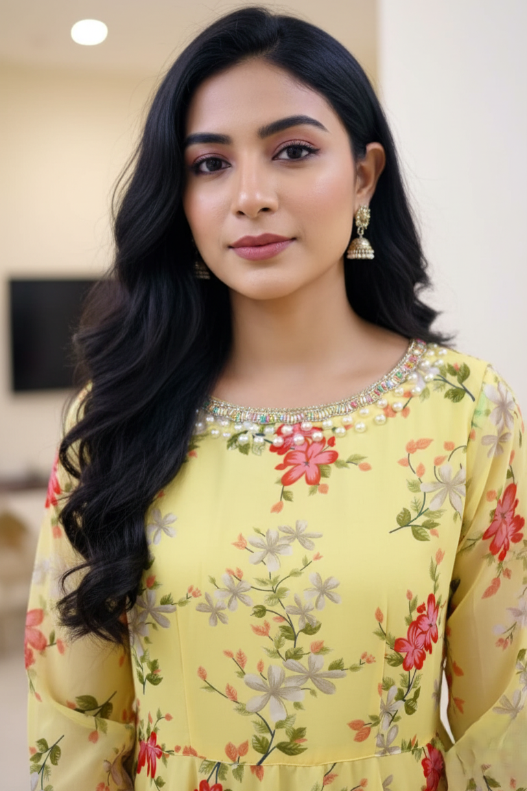Full Sleeves Yellow Floral Georgette Gown | Party & Haldi Wear