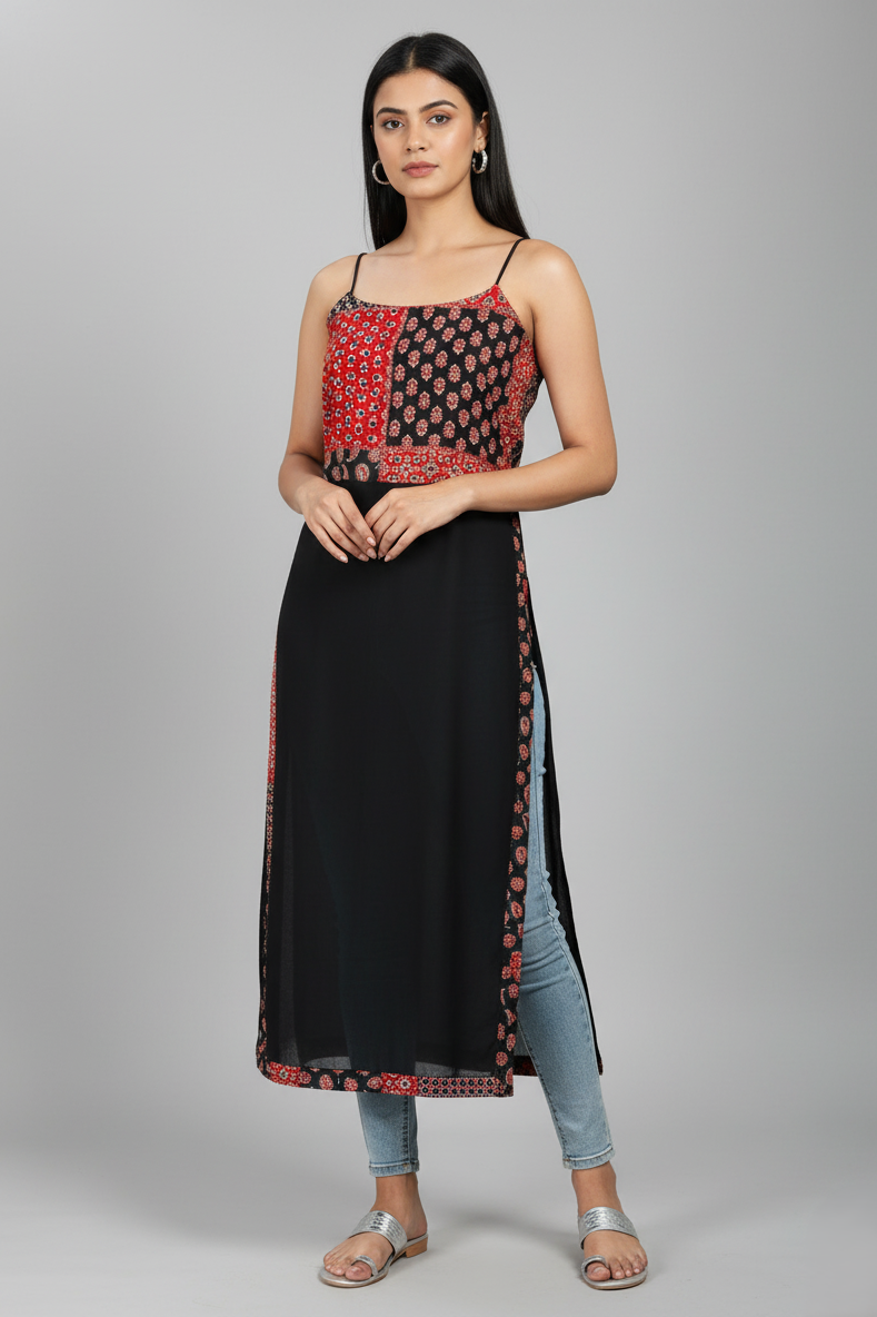 Women's Jaipuri Nyra Cut Black & Red Printed Sleeveless Long Kurti