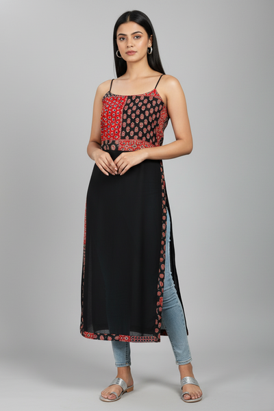 Women's Jaipuri Nyra Cut Black & Red Printed Sleeveless Long Kurti