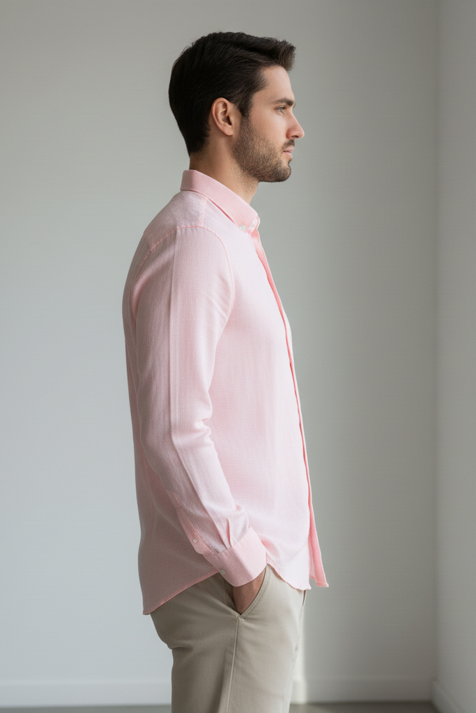 Men's Light Pink Linen Spread Collar Shirt