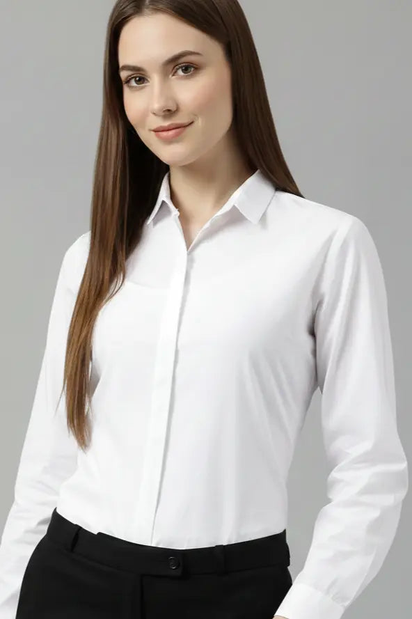 Women’s White Cotton Solid Slim Fit Shirt with Concealed Placket
