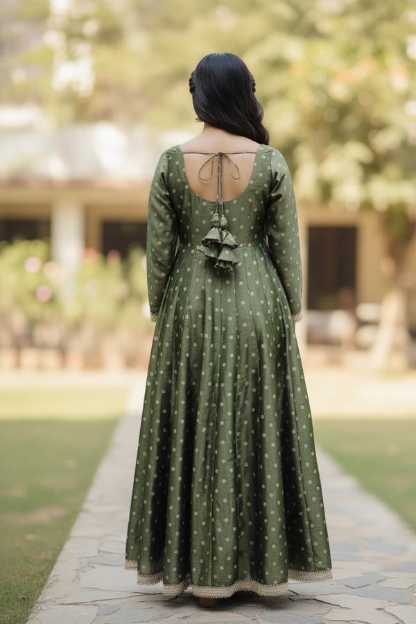 Green Silk Blend Anarkali Gown for Women – Lace Detailing