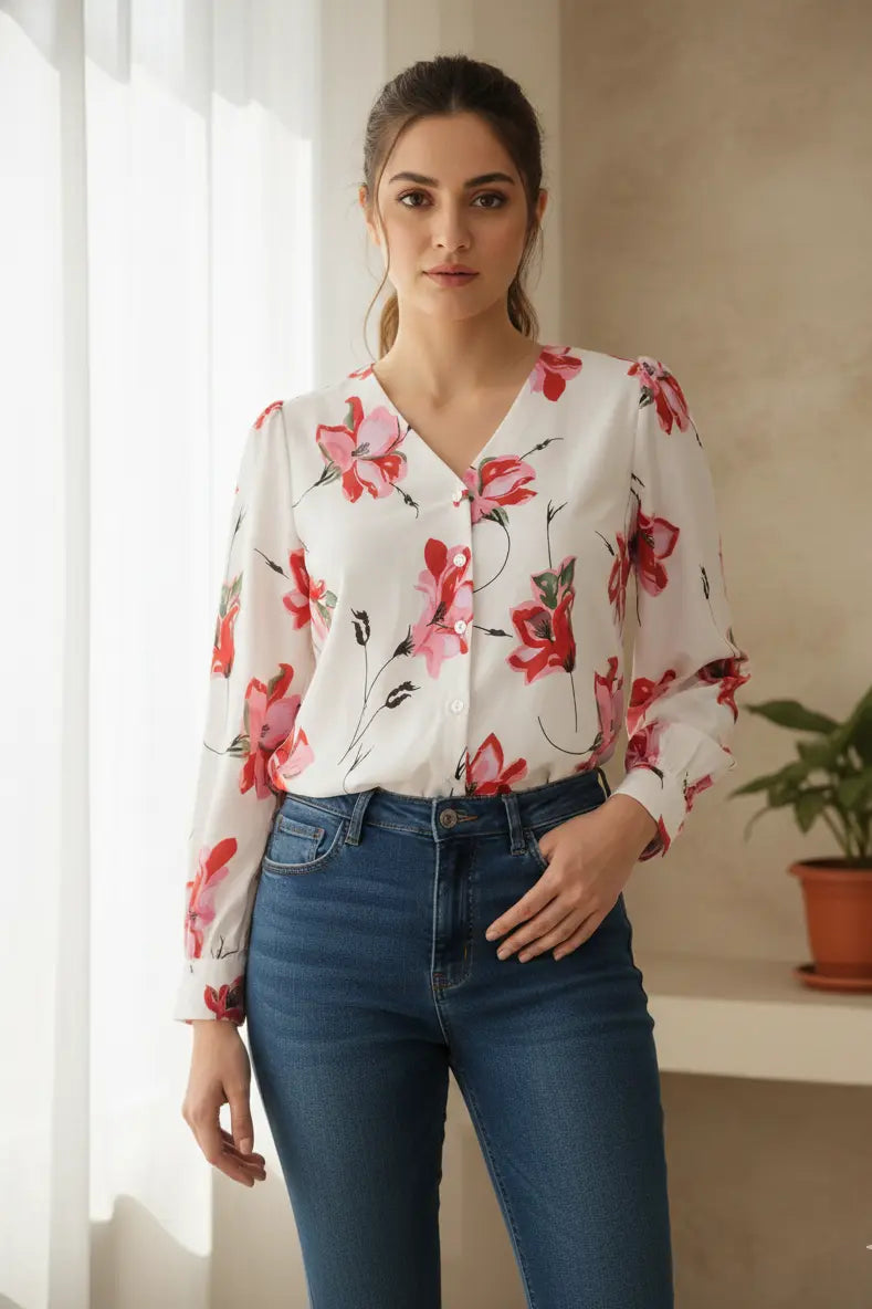 Women White Pink Floral Printed Casual Shirt