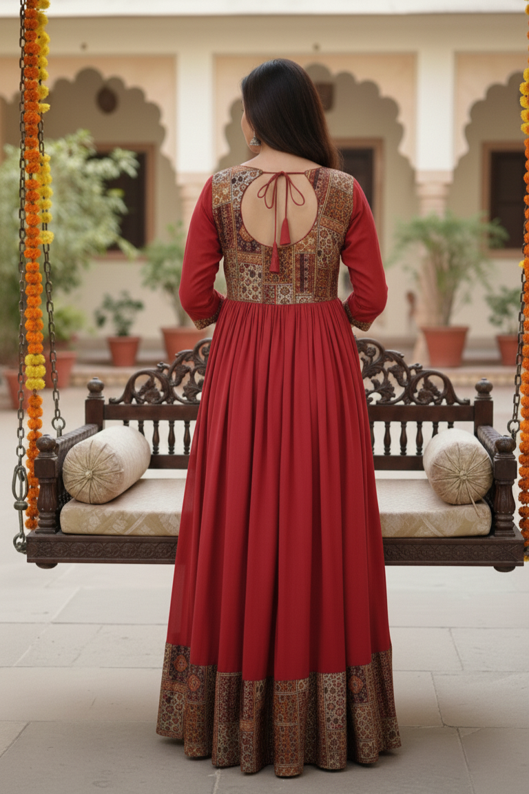 Red brown  Anarkali Gown for Women with duppta  | Party Wear | Festive Wear | Wedding & Traditional Events