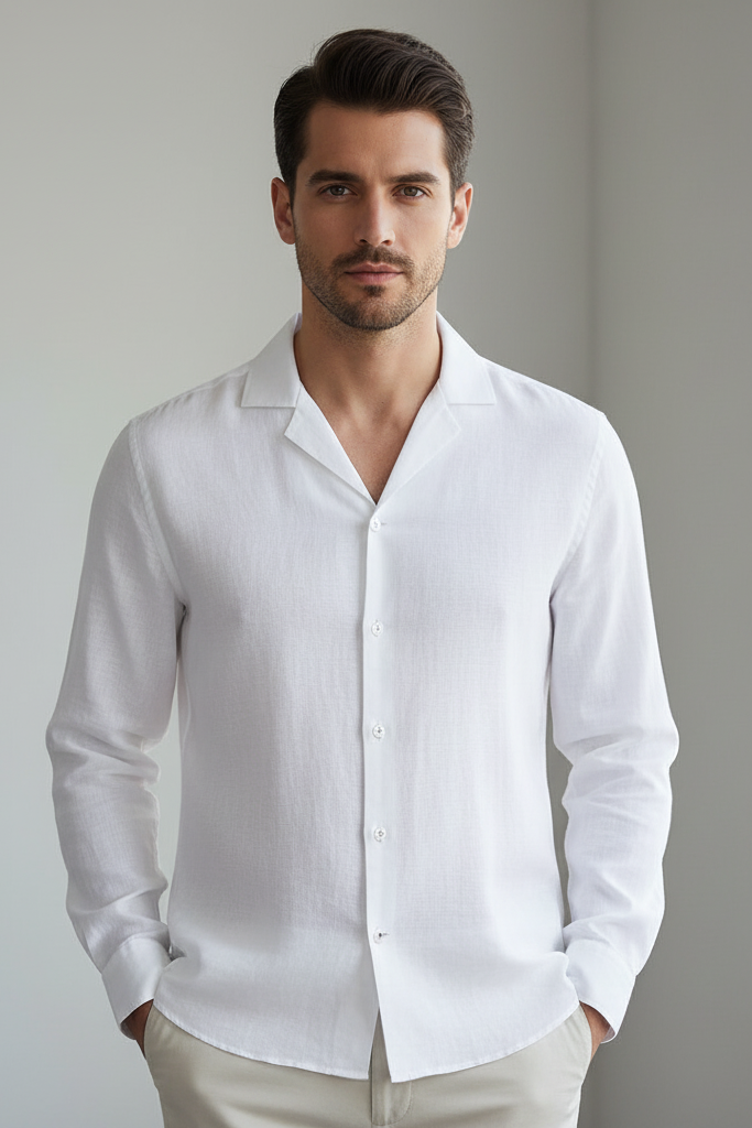 Men's White Linen Coat Collar Shirt