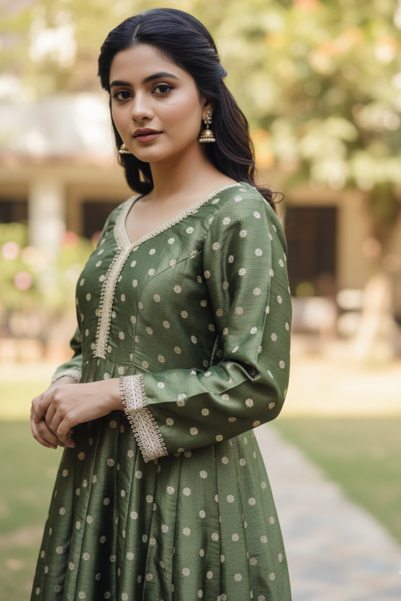 Green Silk Blend Anarkali Gown for Women – Lace Detailing