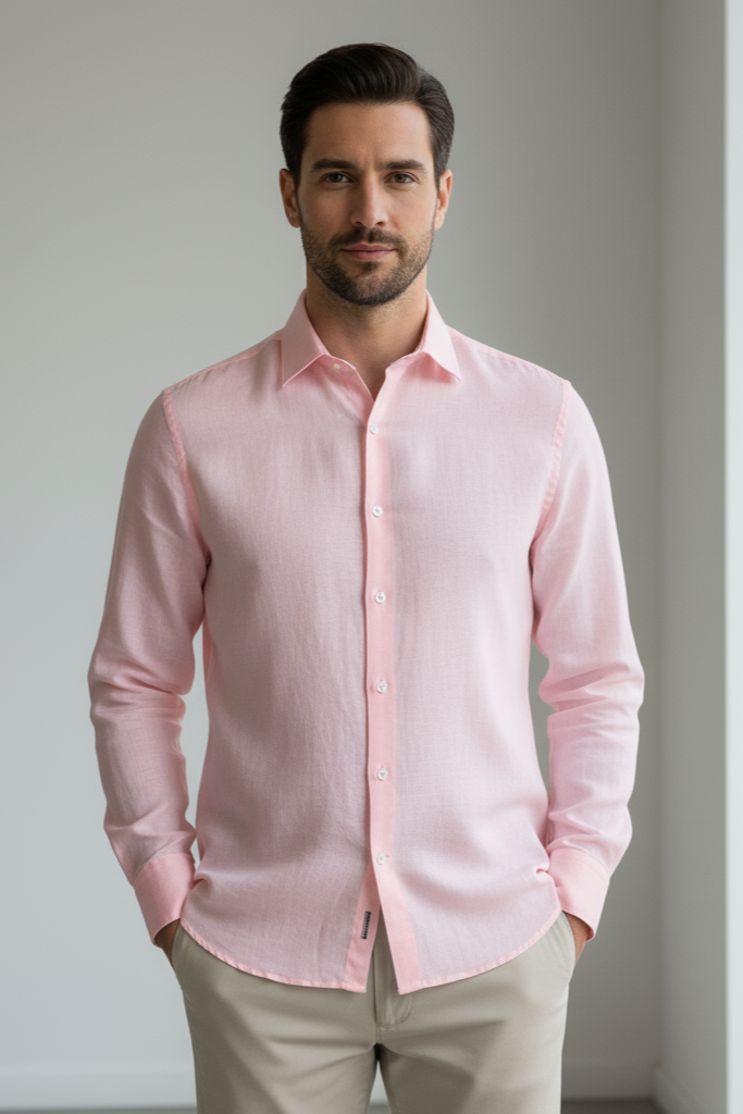 Men's Light Pink Linen Spread Collar Shirt