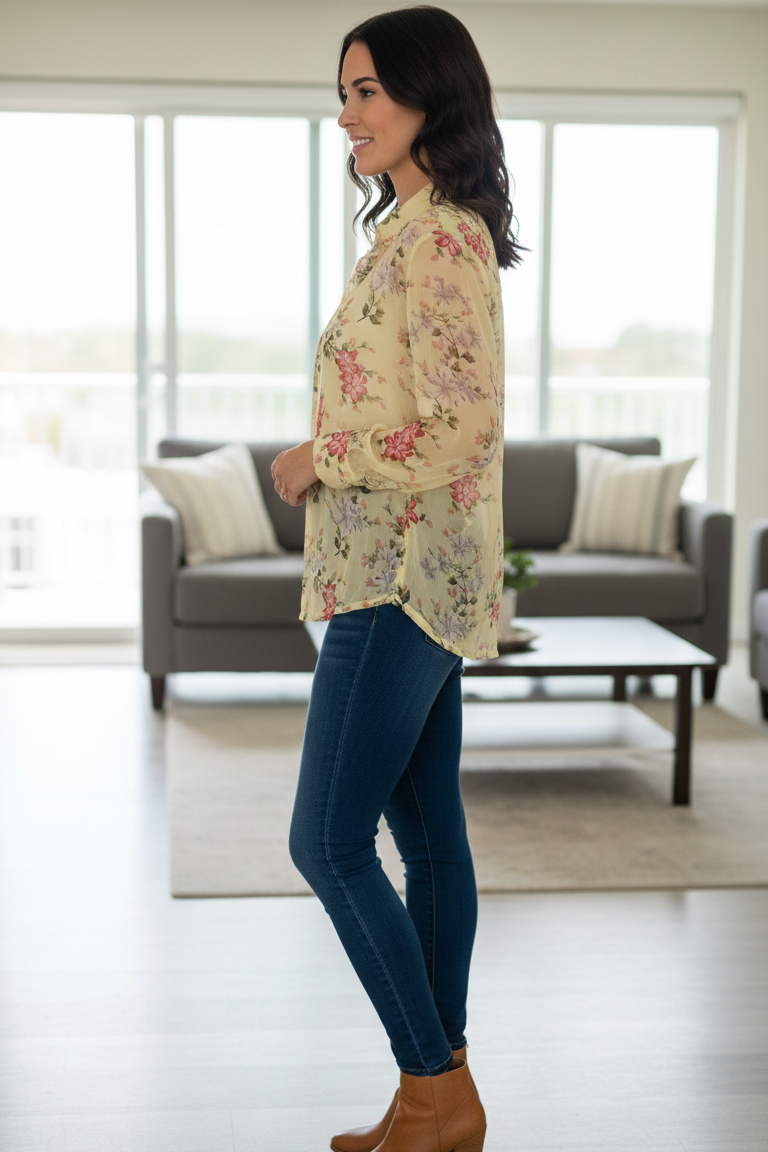 Women’s Yellow Georgette Korean Fit Floral Shirt