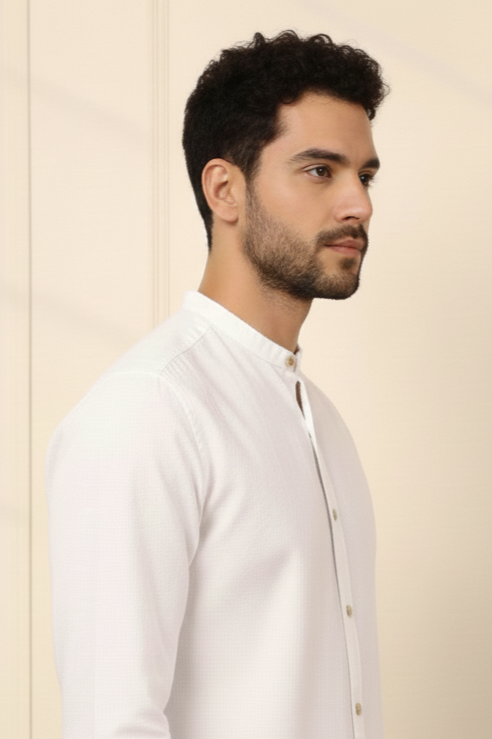 White Cotton Mandarin Collar Shirt for Men