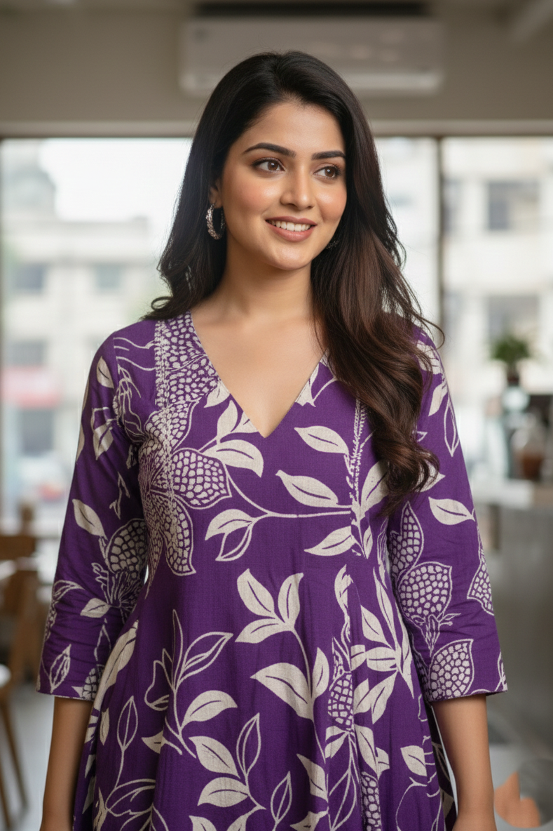 Purple Floral Cotton Kurti Palazzo Suit for Women