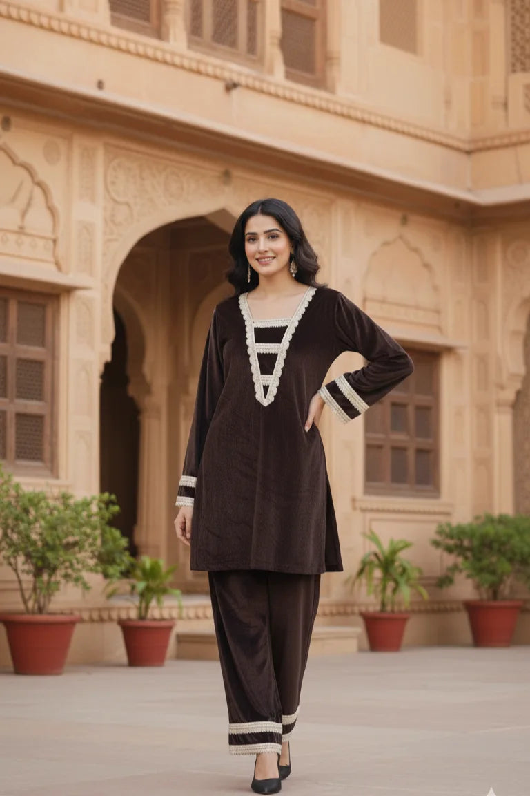 Women’s velvet straight kurti co-ord set in rich dark coffee color, elegant ethnic wear for women featuring a soft velvet fabric, stylish and comfortable outfit suitable for festive, party, and evening occasions.