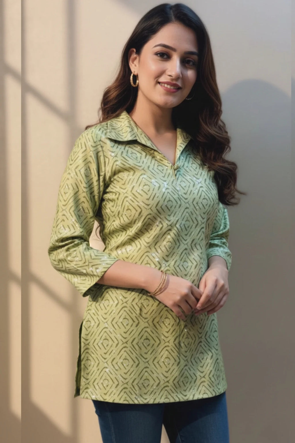 This green cotton kurti for women features a shirt collar, making it a perfect cotton kurti for women for office wear.