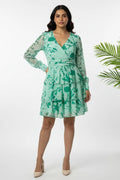 Green floral georgette one piece dress for women with full sleeves and stylish fit. Perfect western outfit, female one piece dress, and trendy short dress for casual wear.