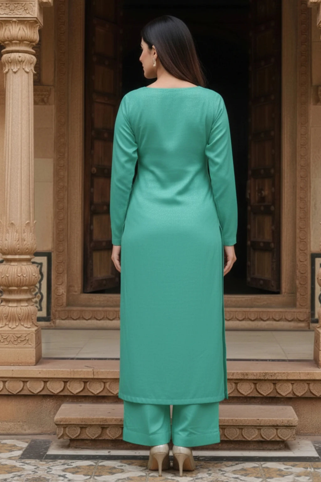 green silk blend kurta palazzo set for women, silk kurta set for women, festive ethnic suit set with palazzo