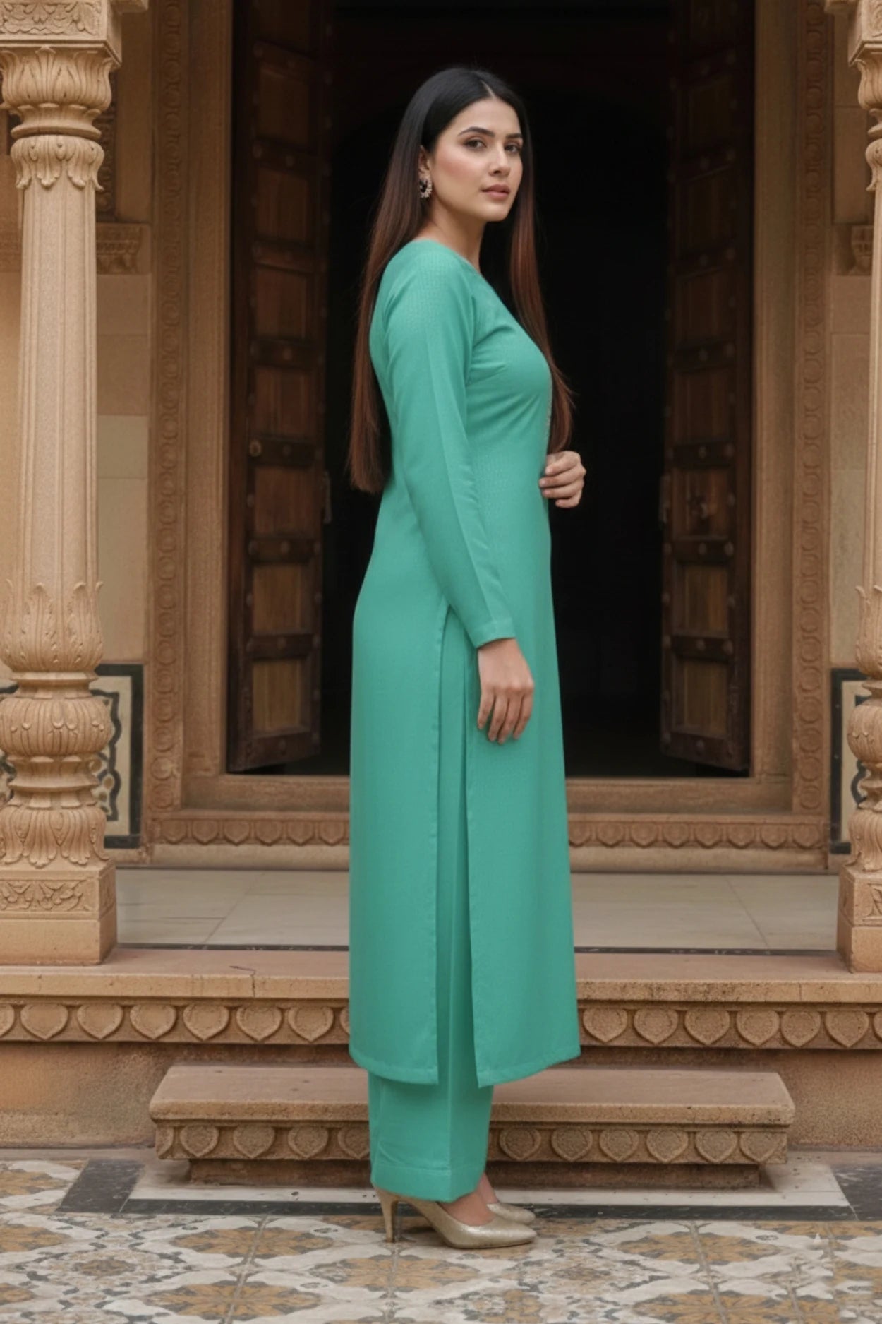 green silk blend kurta palazzo set for women, silk kurta set for women, festive ethnic suit set with palazzo