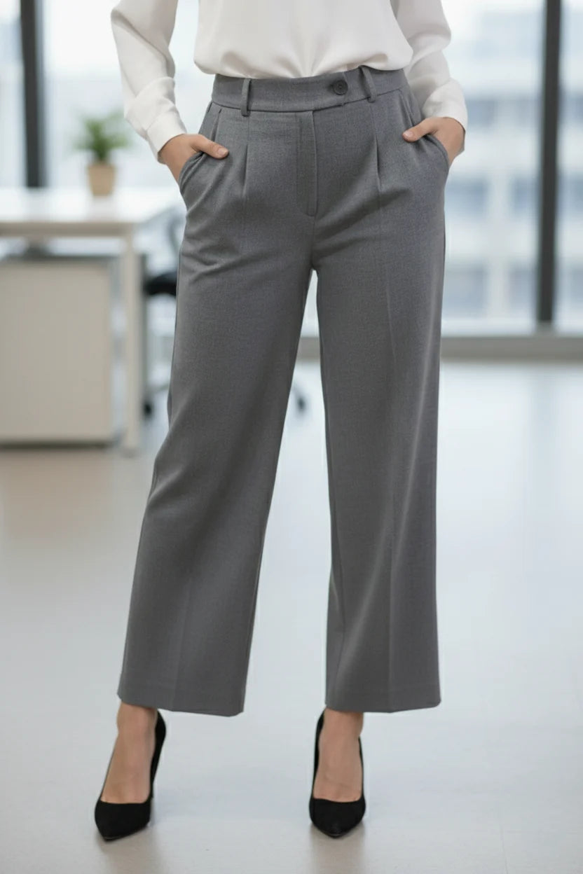 Elevate your office look with these grey wide-leg trousers for women. Perfect as breathable summer trousers for women with a sharp formal finish.