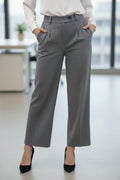 Elevate your office look with these grey wide-leg trousers for women. Perfect as breathable summer trousers for women with a sharp formal finish.